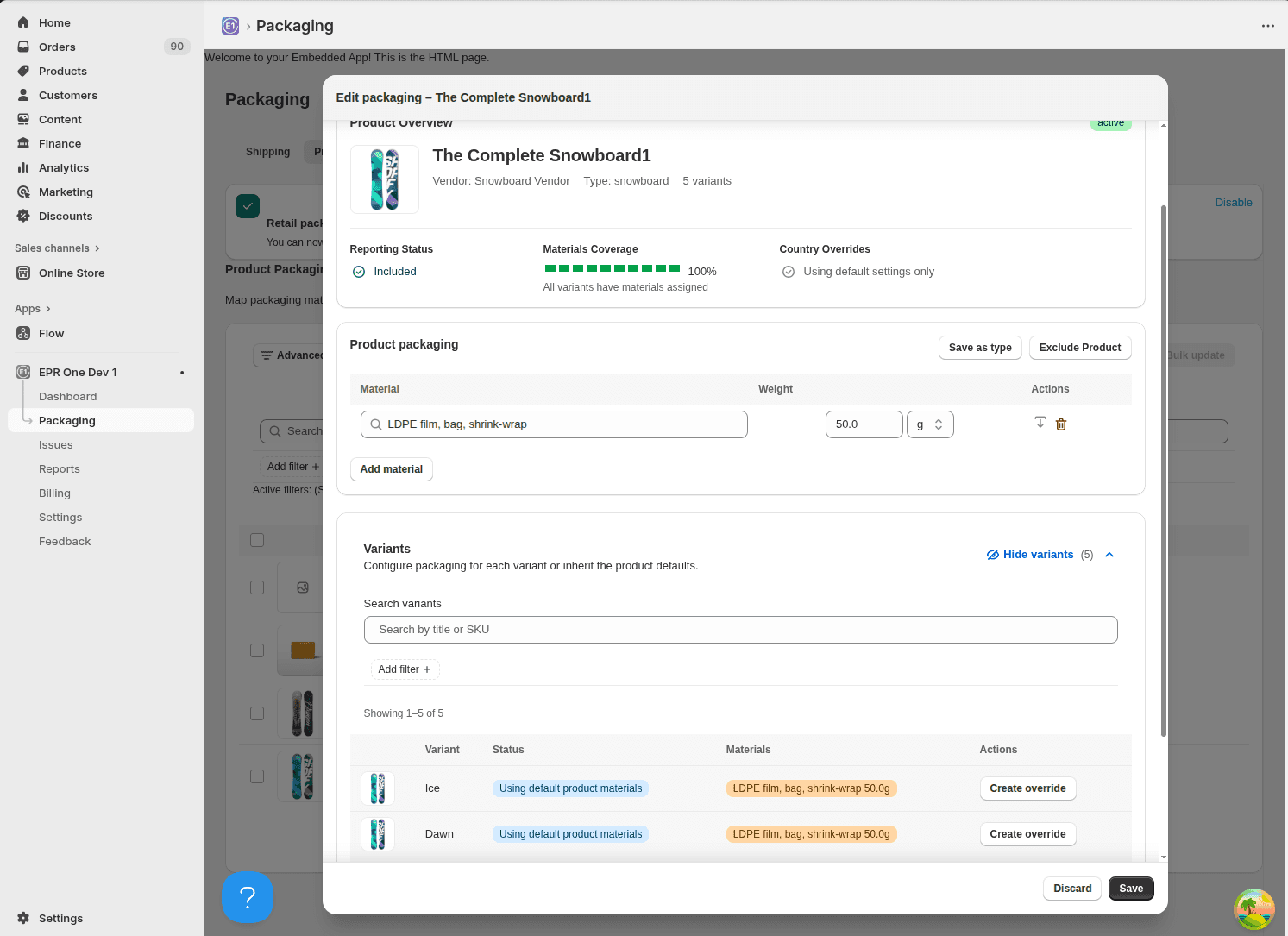 Edit packaging materials for a Shopify product in EPR One