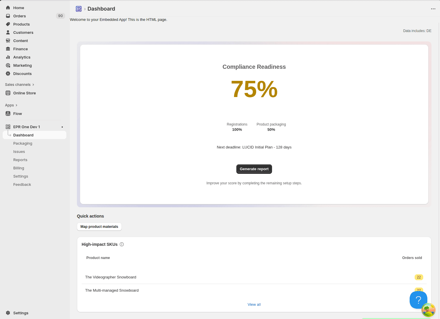 EPR One dashboard preview (German VerpackG reporting for Shopify)